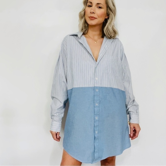 Poplin Patchwork Color Block Button Down Shirt Dress - Picture 2 of 8